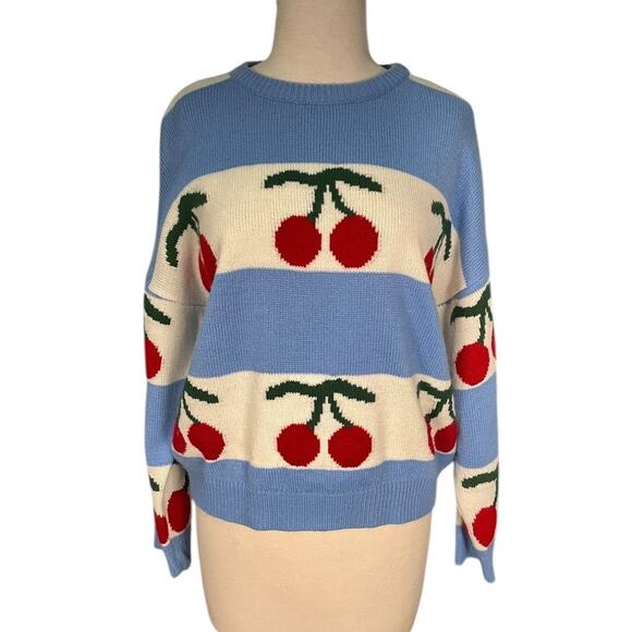 Vestique Cherry Sweater XS Blue Cream Cozy Knit Playful Y2K Cottagecore Cozy - Picture 10 of 10